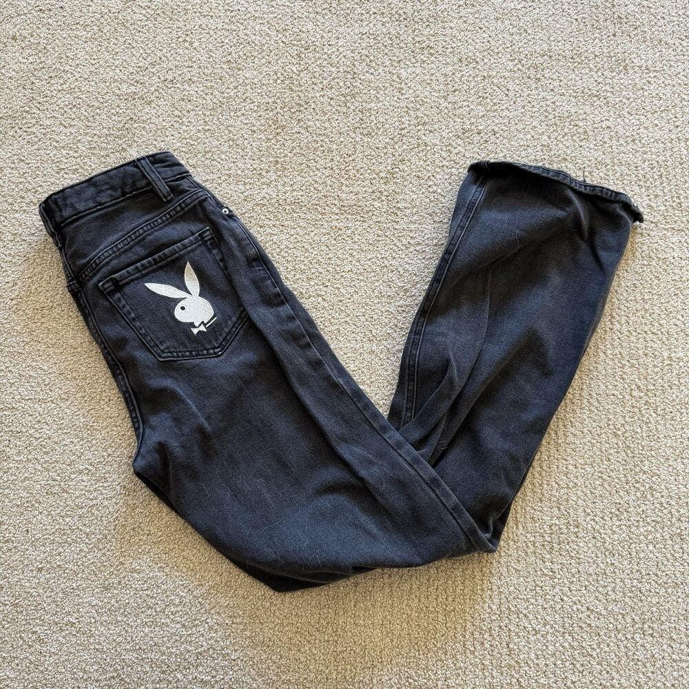 Playboy Jeans Womens 25 Black Dark Wash Mid Rise Straight 25x31 Logo Slit
